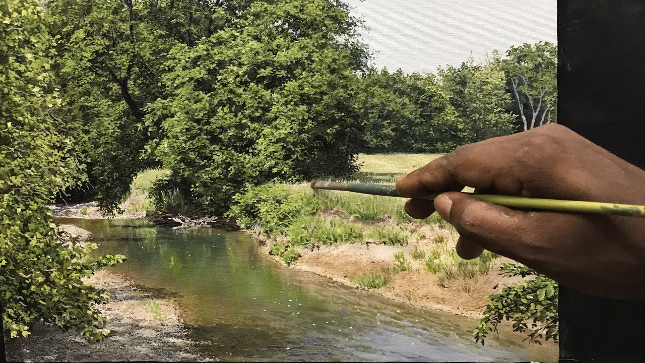 Painting a Beautiful River Side Landscape With Acrylics | Time lapse /81