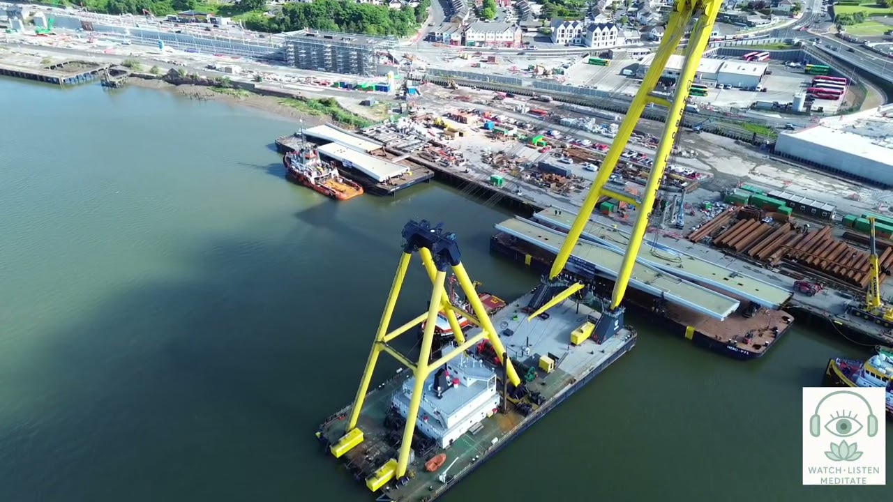 Floating crane HEBO Lift 9 in action. Drone footage in Waterford.