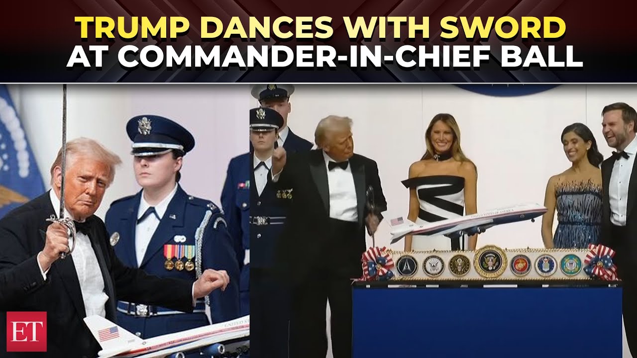 Trump dances with a sword after he & VP Vance cut cake at Commander-in-Chief inaugural ball