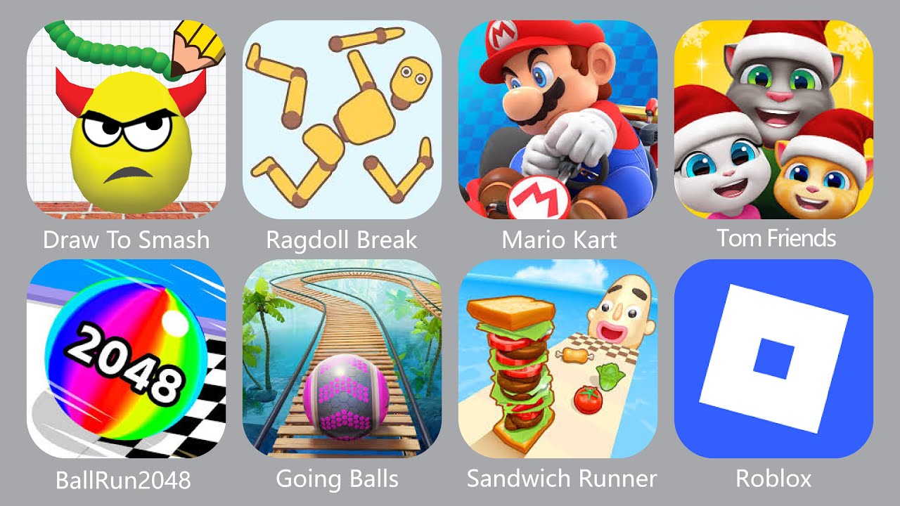 Draw To Smash, Going Balls, Mario Kart, Tom Friends, Ragdoll Break, BallRun, Roblox, Sandwich Runner