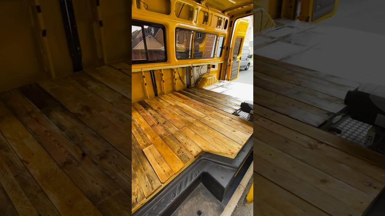 Fitting a reclaimed pallet wood flooring into the school bus camper van conversion 🚐