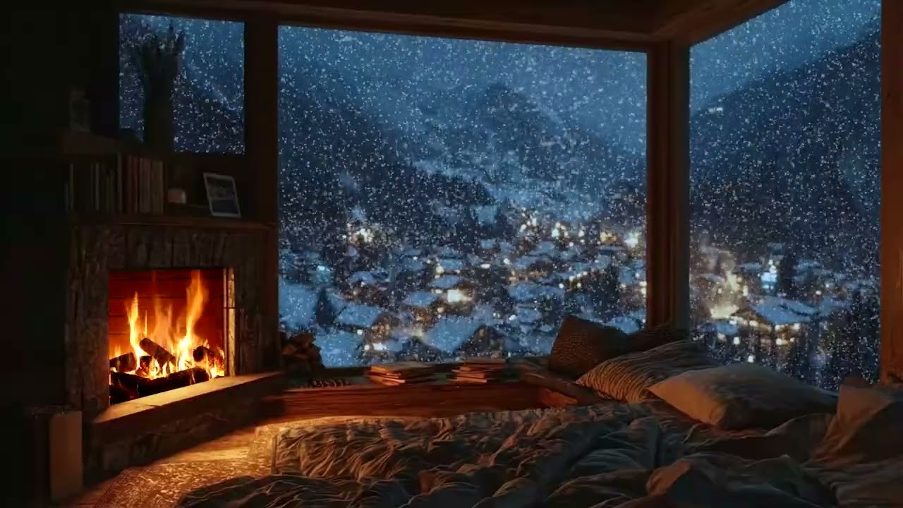 Warm Winter Cabin Night ❄️ Crackling Fireplace & Falling Snow Ambience for Deep Sleep