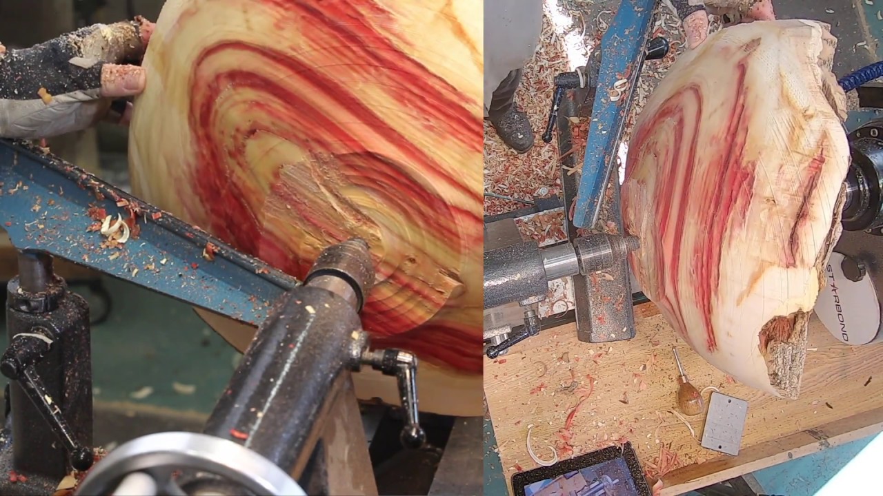 Woodturning a bowl in wet wood or green wood. Tournage sur bois d'un bol en bois vert