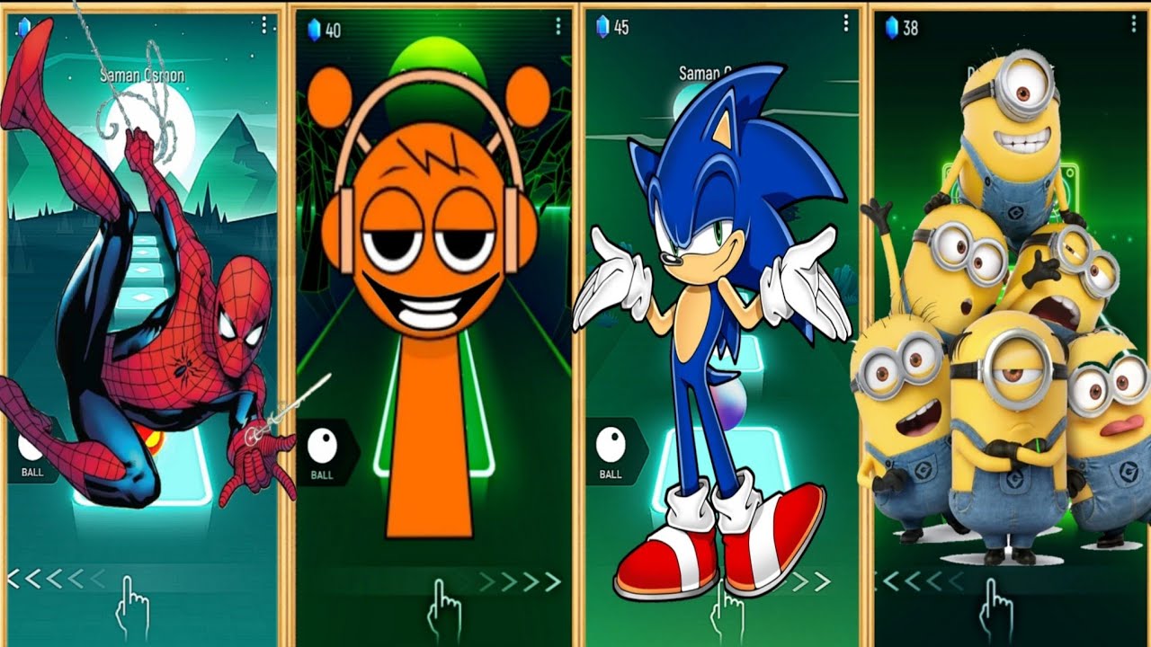 SPIDER MAN 🆚SPRUNKI 🆚SONIC 🆚MINIONS ON THE TILES HOP ROAD EDM RUSH AND COFFIN DANCE FIGHT 