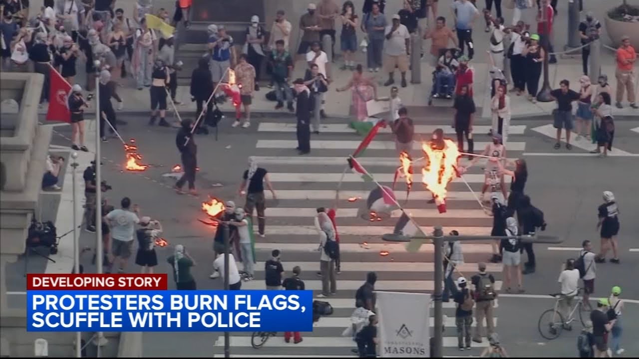 Pro-Palestinian protesters burn flags, scuffle with police near Philadelphia City Hall
