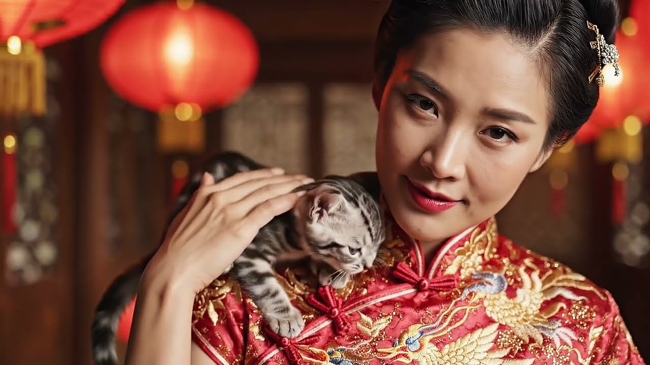 A Girl in Traditional Chinese Dress and Her Cat