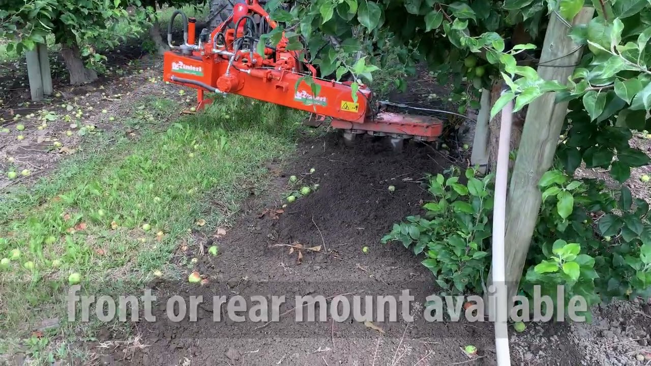 Rinieri EL model POWER HARROW cultivator in apple orchard--
