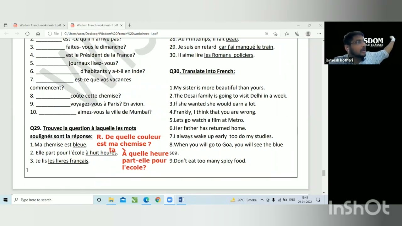 Trouvez la question à la quelle les mots soulignés sont les réponses || WH Type of Question #French