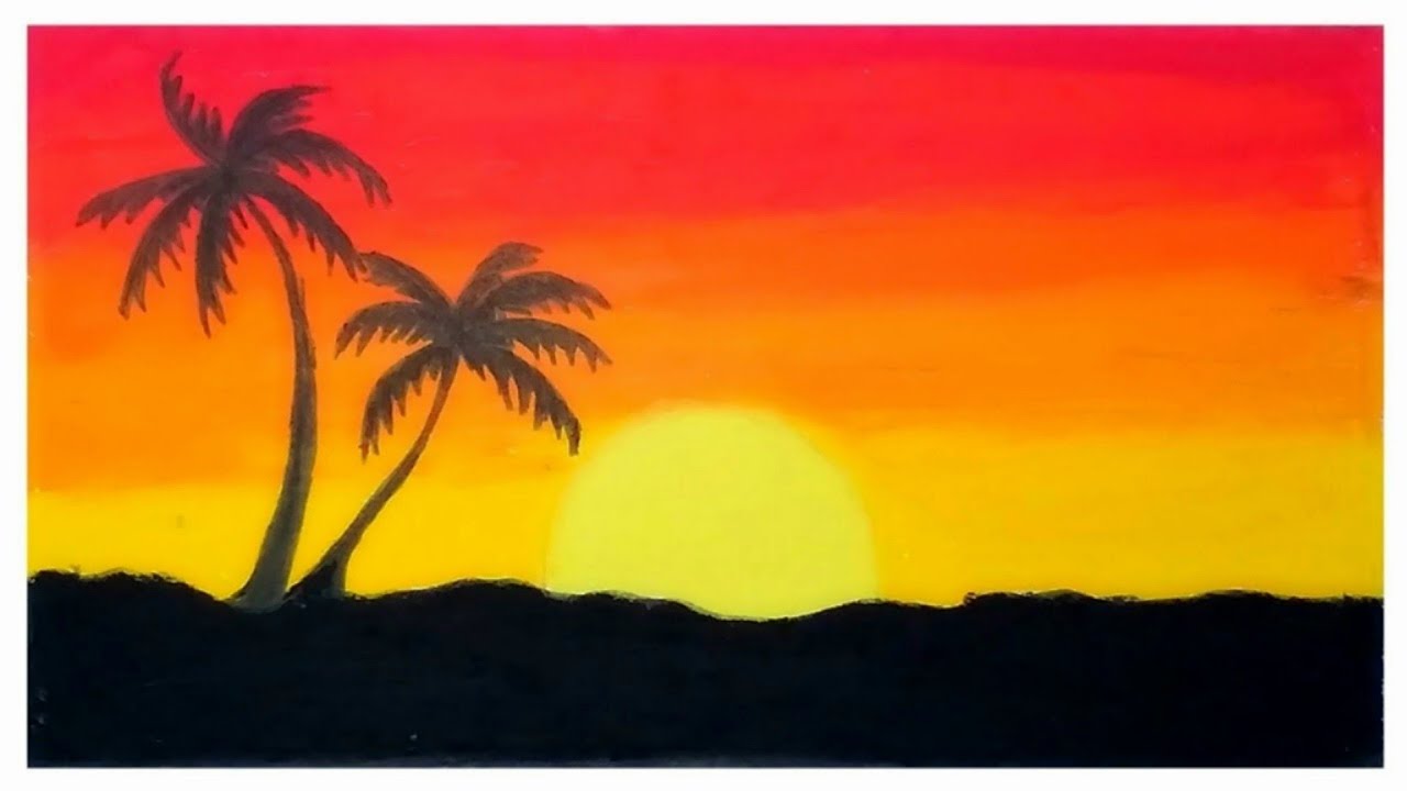 Gambar Pemandangan | Cara Menggambar Pemandangan Sunset Yang Indah pada Saat Senja Dengan Oil Pastel