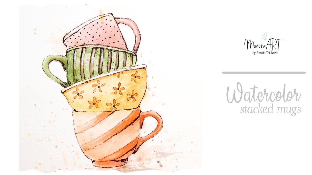 Watercolor and INK stack of mugs + FREE sketch
