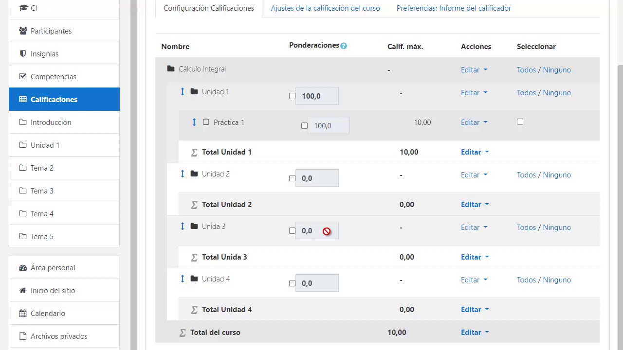 Configuración del libro de calificaciones en Moodle 3.7