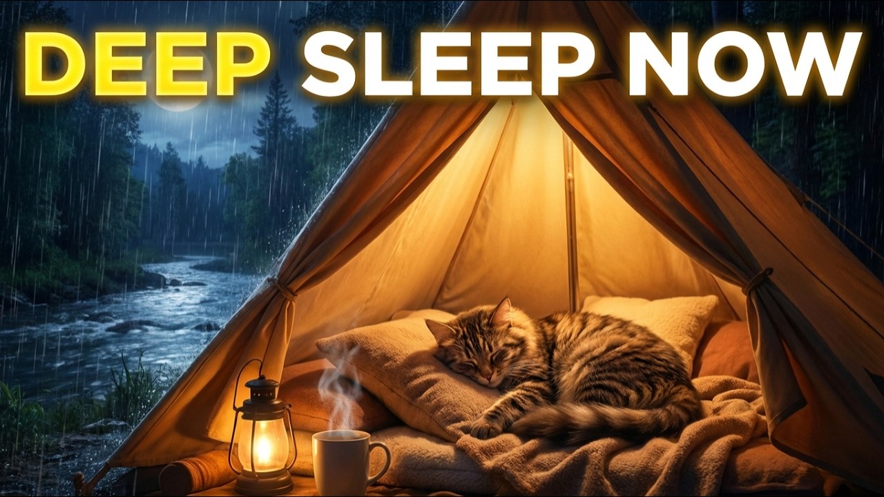 Cozy Tent Rain + Purring Cat + River Frogs | 10 Hours Deep Sleep No Music