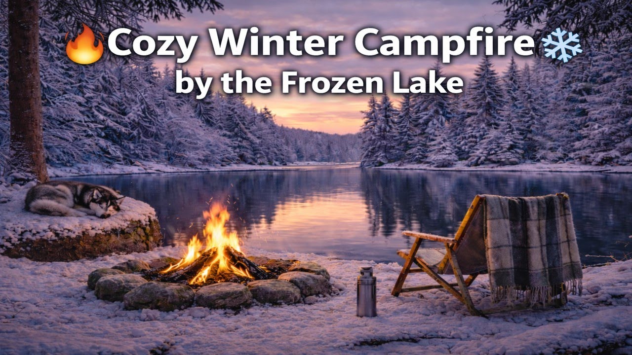 Cozy Winter Campfire by the Frozen Lake  | Relaxing Nature Sounds for Sleep & Study 3 Hours