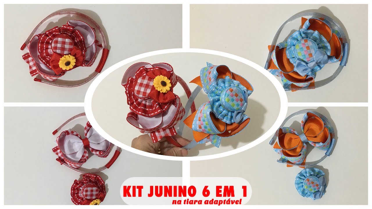 KIT JUNINO 6 EM 1/CHAPEUZINHO COM TAMPINHA/LAÇO AMORA/TIARA ADAPTÁVEL🎀By Marina Mello