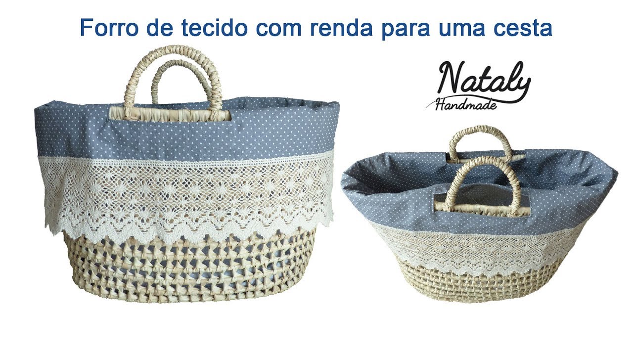DIY Forro de tecido com renda para uma cesta de palha.