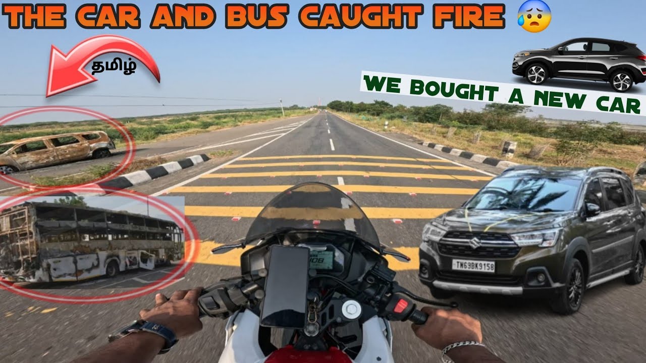 மதுரை ரோடு The car and bus caught fire.😰 
