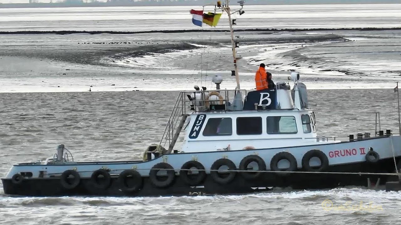 BIJMA Schlepper GRUNO II PELI 1975 & Bohrponton GEBO 1968 stan  tug pushing Pontoon Emden