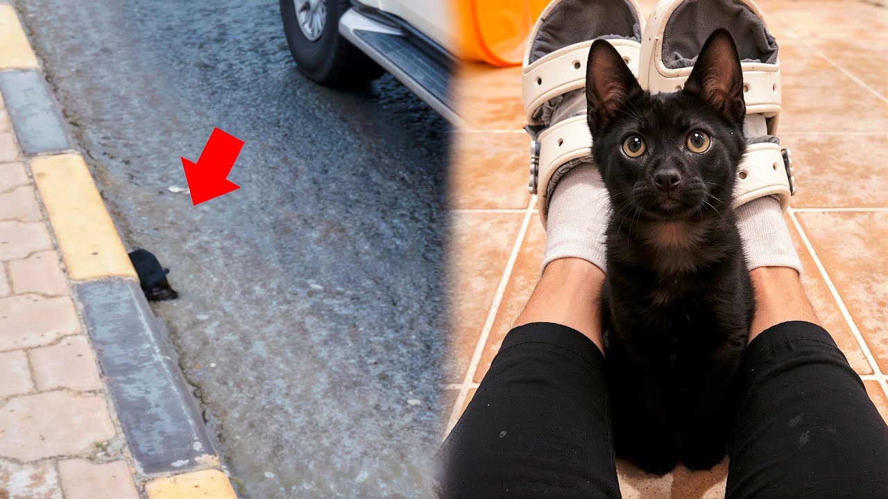 Stray Kitten Frozen With Fear On Busy Road Was Saved At Last Second!