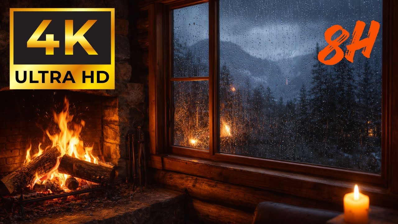 Cozy Rainy Cabin with Fireplace 8 Hours 🌧️🔥 Crackling Fire ASMR for Sleep