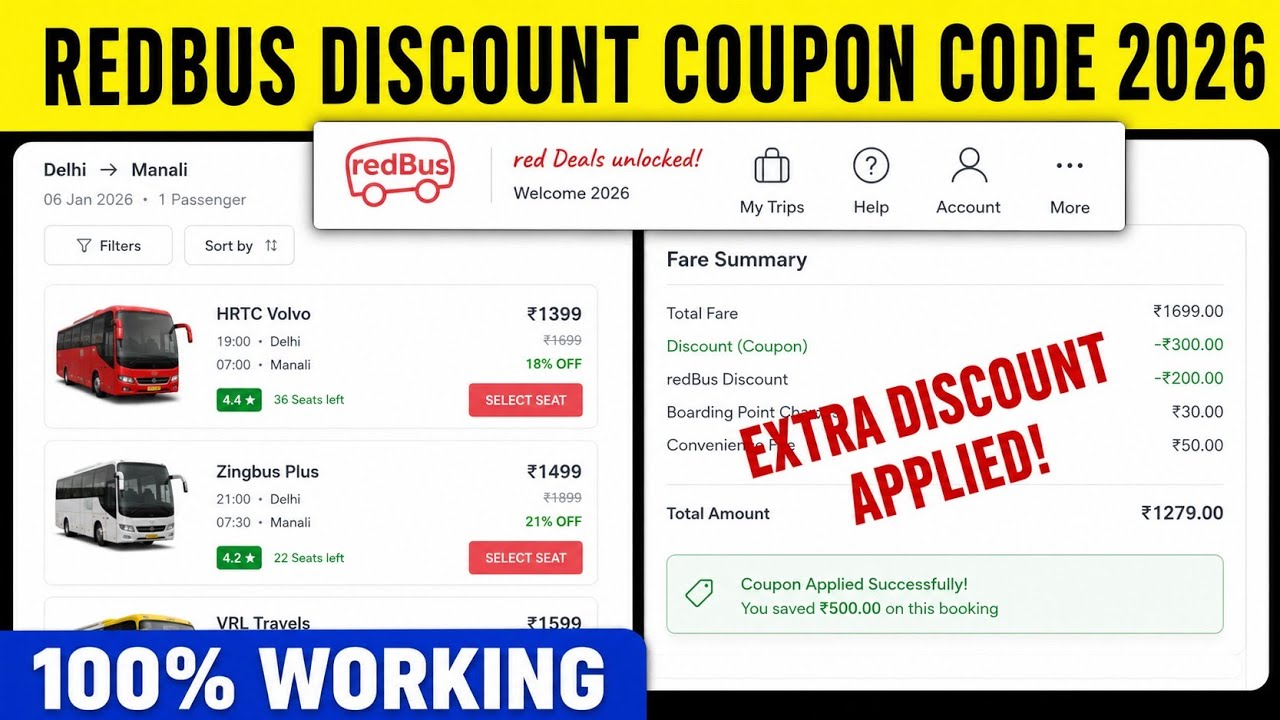 RedBus Coupon Code 2026 🔥 100% Working Discount Trick | RedBus Bus Booking Coupon Code 2026 | Extra