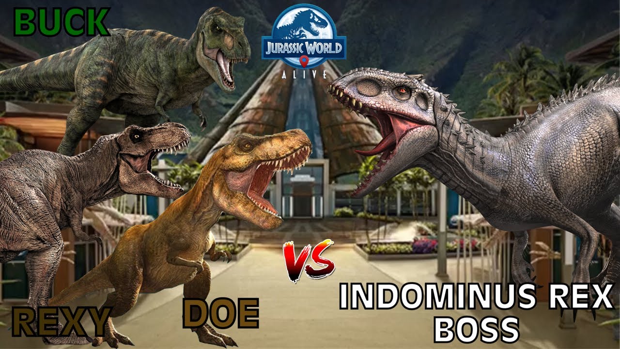 Buck, Doe, & Rexy vs Indominus Rex Boss - Jurassic World Alive
