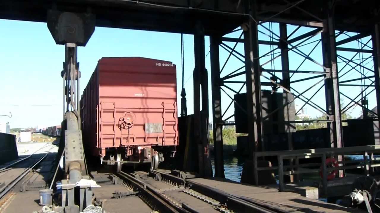 Loading cars onto the barge in Greenville