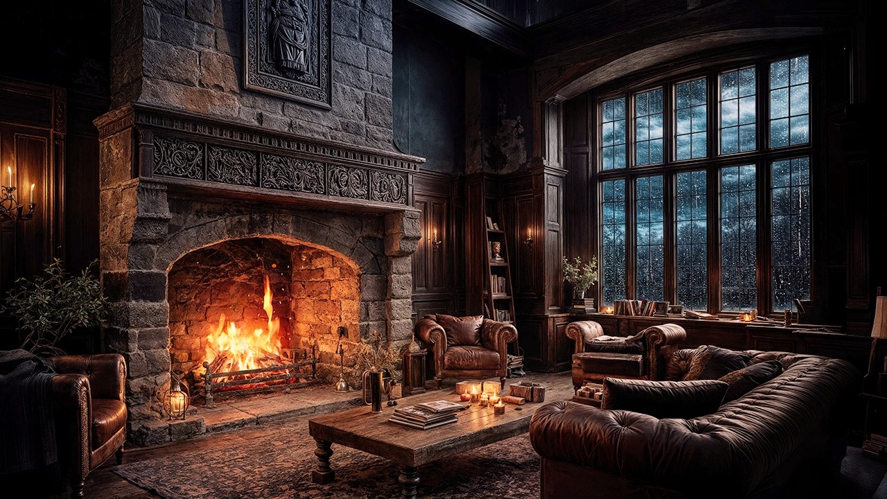 Scottish Manor Living Room – Rain on Windows & Fireplace Night Ambience (10 Hours, 4K)