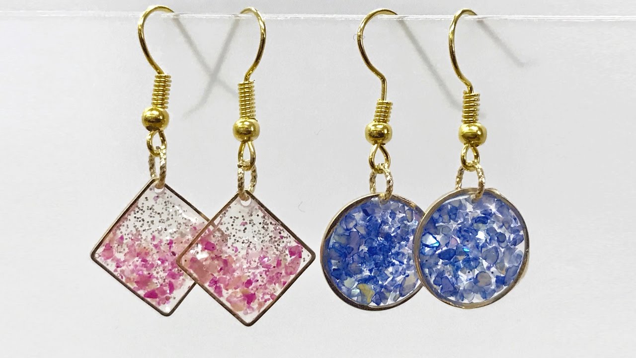 【UVレジン 100均】初めてピアスつくってみました！　【初心者】Resin Jewelry Crash shell earrings