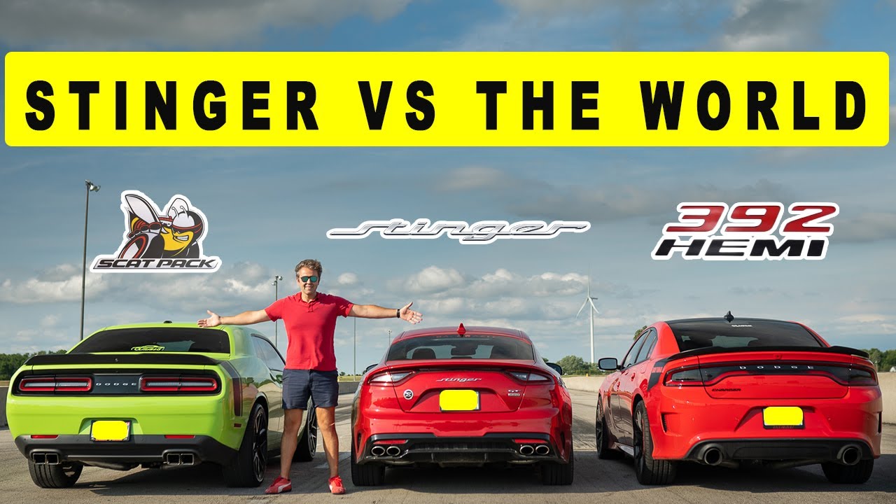 Kia Stinger GT AWD takes on Charger 392 and Challenger ScatPack, drag and roll race.