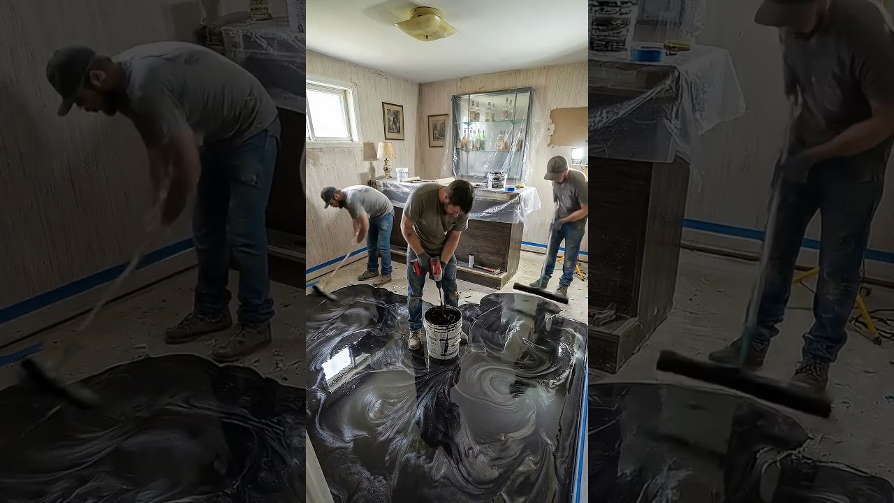 This Home Bar Floor Turns Into a Black Mirror 😳 #beforeafter #homemakeover #interiordesign