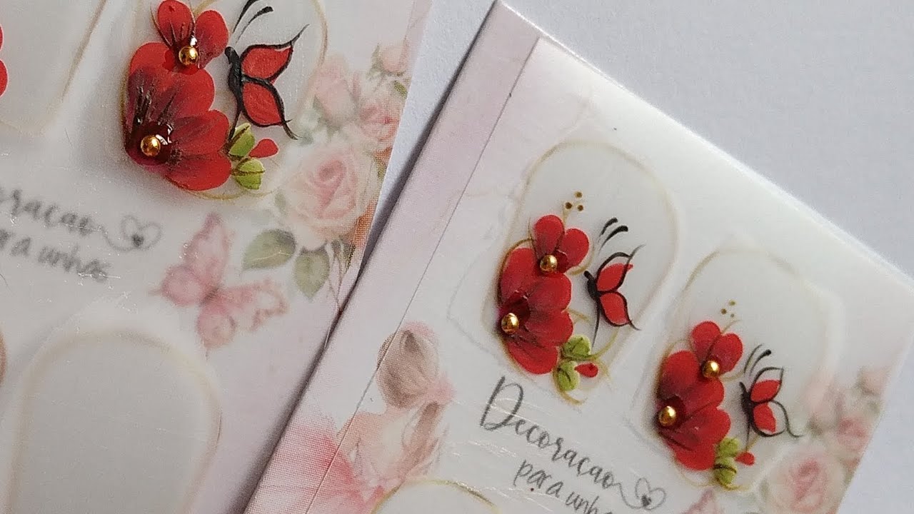 ADESIVOS De Unhas Artesanais,Flor Vermelha