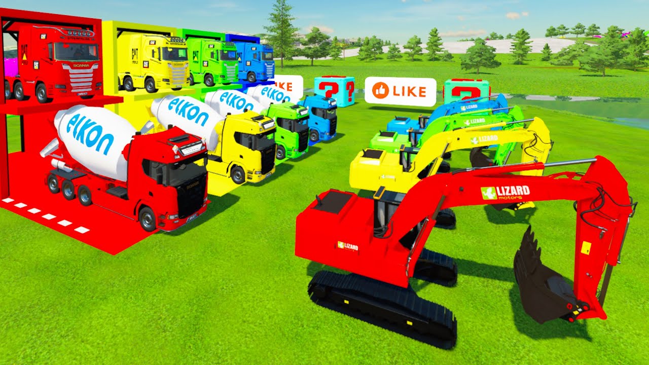 Colroful trucks - ALL COLORFUL EXCAVATOR, SCANIA ELKON MIXER TRUCK TRANSPORTING WITH FLATBED TRUCK