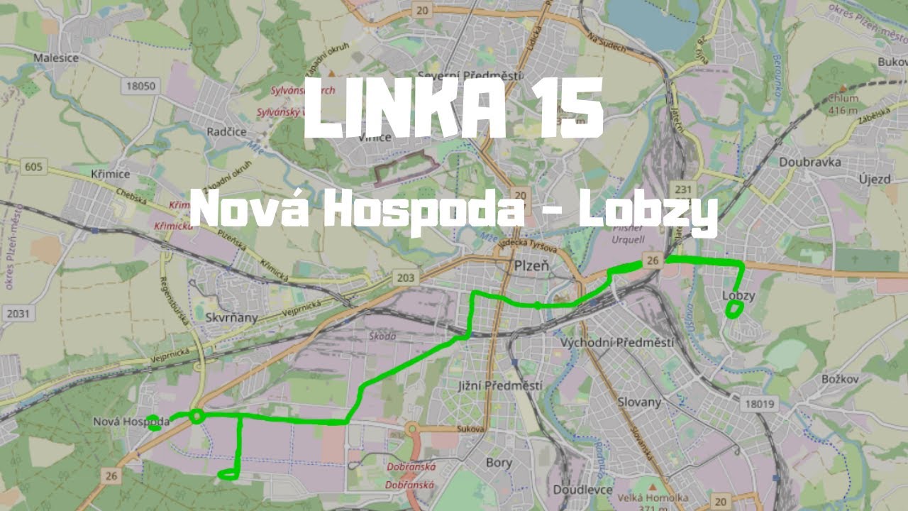 [Plzeň] Linka 15 | Nová Hospoda - Lobzy | pohled zepředu | celá linka