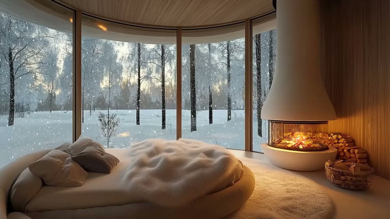 Warm Cozy Cabin in Winter with Soft Piano Music and Fireplace Sounds for Deep Relaxation