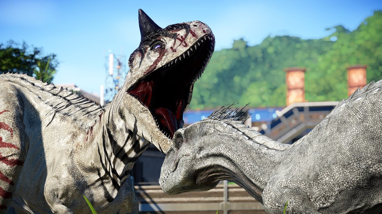 White Indoraptor Vs White Carnotaurus | Dinosaur Fight & Breakout 🌍 Jurassic World Evolution | HD