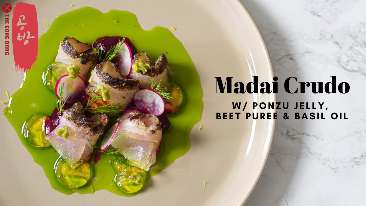 Madai (Seabream) Crudo: Kombu Cured Madai, Ponzu Jelly, Beet Puree & Basil Oil!