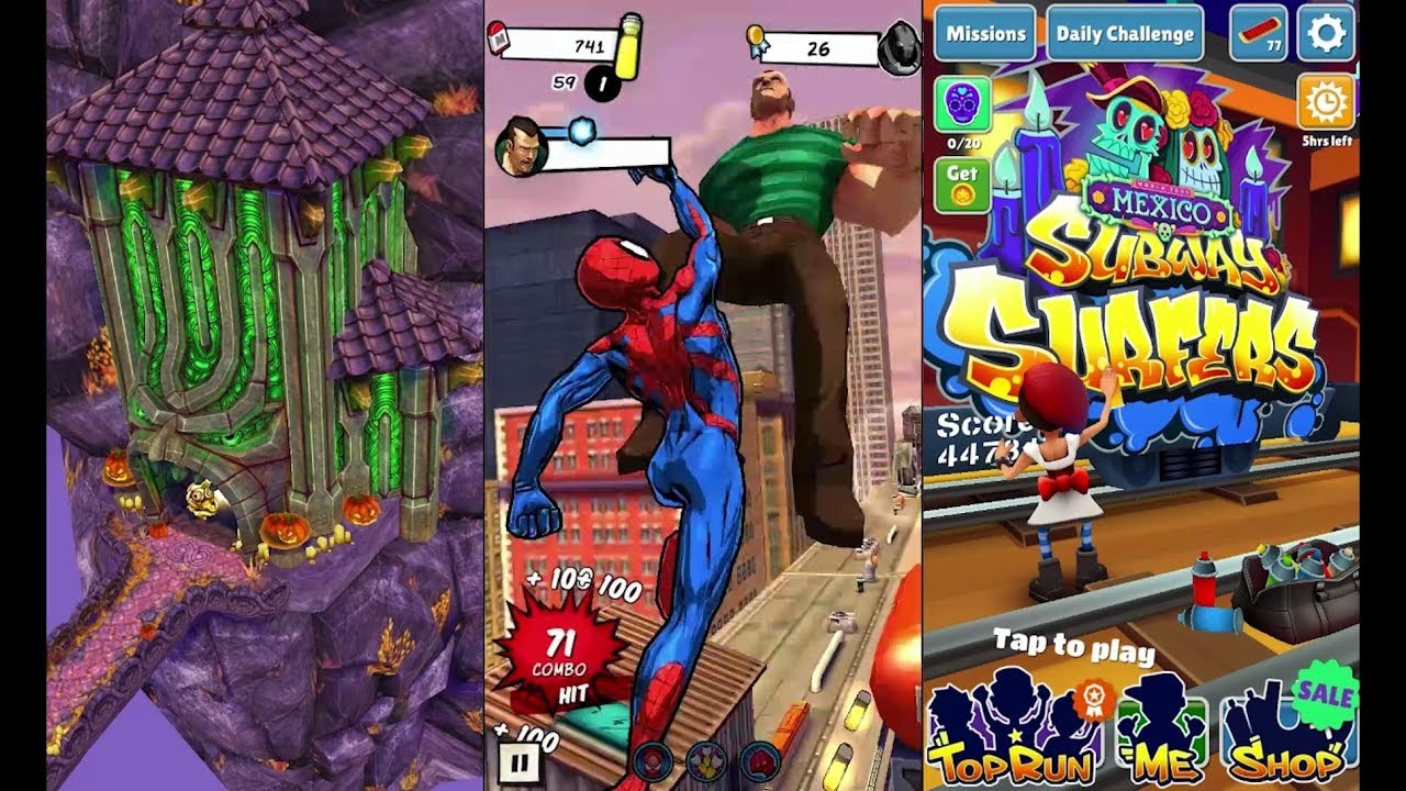 Temple Run 2 Spoky Summit Vs MARVEL Spider Man Unlimited Vs Subway Surfers Mexico Gameplay