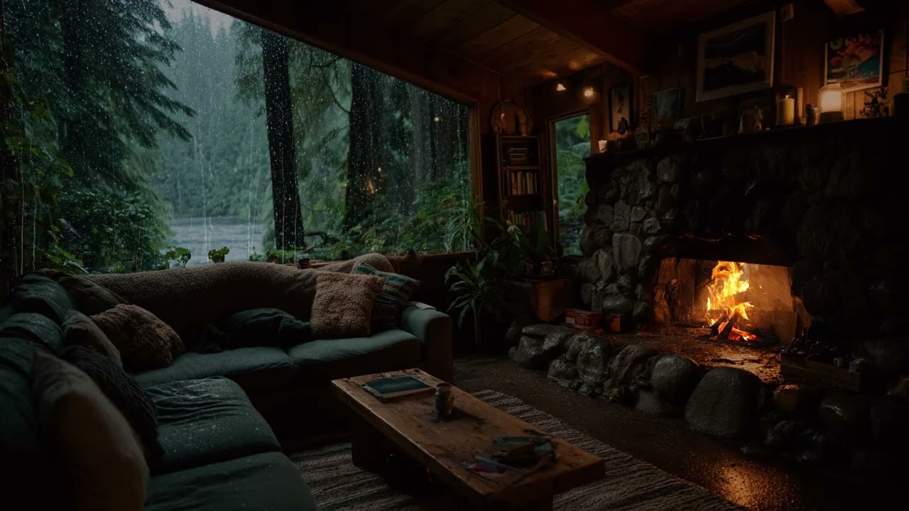 Quiet Forest Rain in Cozy Cabin 🌧 Soft Night Rain Sounds with Warm Fireplace Ambience for Sleep