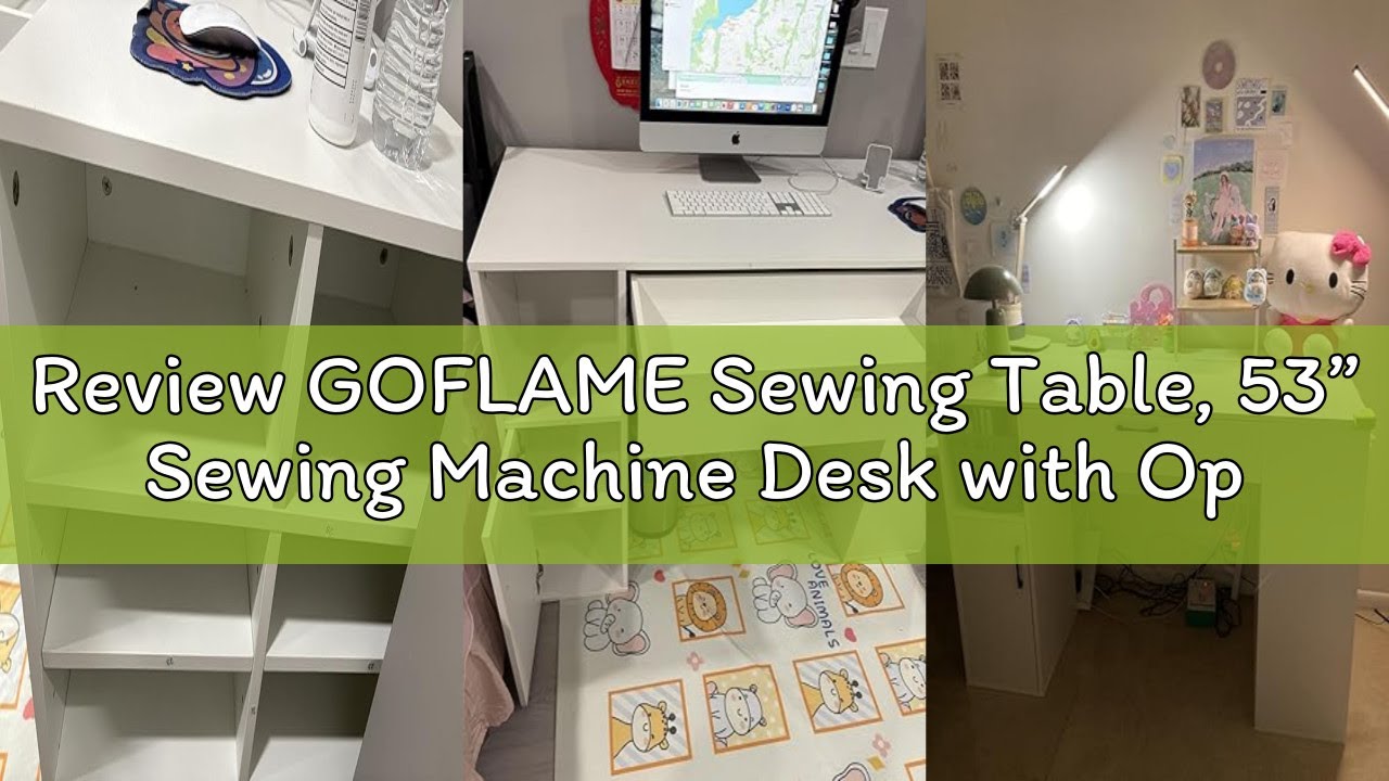 Review GOFLAME Sewing Table, 53” Sewing Machine Desk with Open Storage Cubes, Drawer, Cabinet, Adjus
