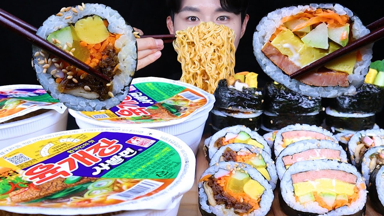 육개장 참치김밥 스팸김밥 김밥 라면 먹방ASMR MUKBANG SPICY NOODLES & SPAM & TUNA & KIMBAB ラーメン のり巻き eating sounds