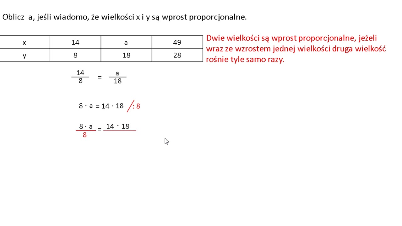 Oblicz a, jeśli wiadomo, że wielkości x i y są wprost proporcjonalne.