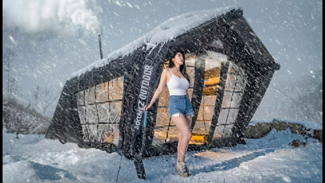 Solo camping in -71°C with a SnowStorm and a Giant Inflatable Tent