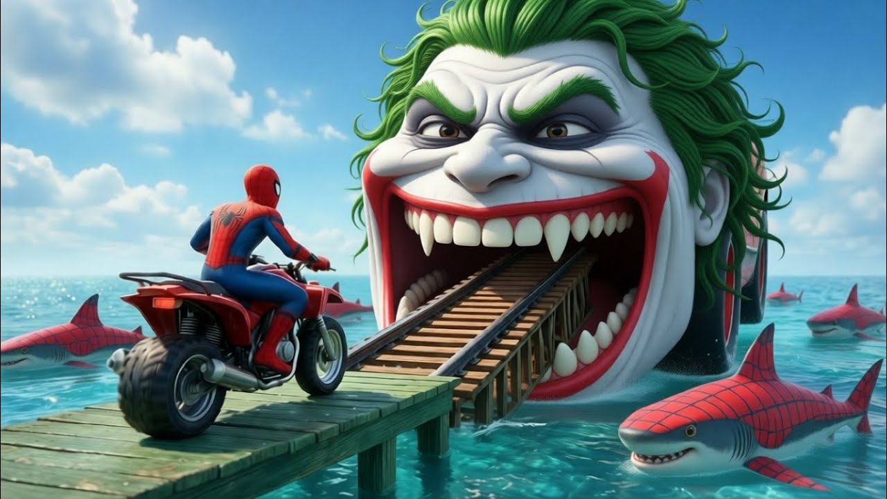 سبايدر مان اصعب دراجة نارية فوق اسماك القرش - Superheroes Ride on Motorcycle Stunt Funny Moments??