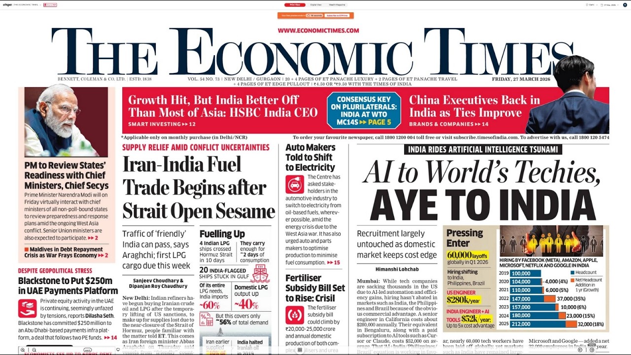 27 March 2026 | The Economic Times Newspaper | Daily Finance & Business News Analysis