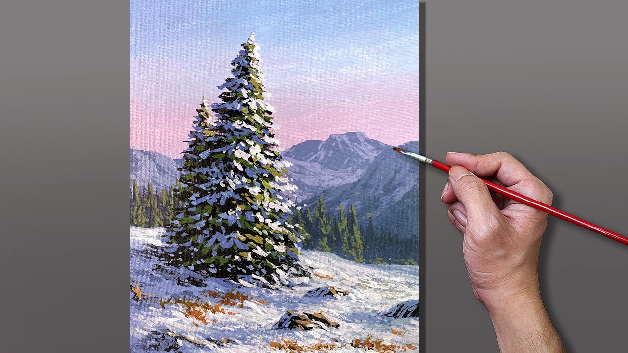 Acrylic Painting Snowy Pine Tree Landscape