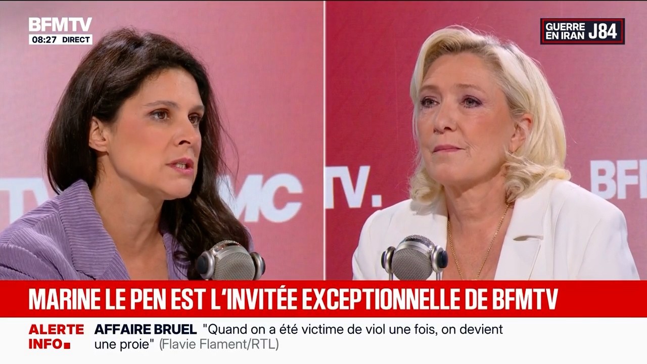 Marine Le Pen, invit&eacute;e d'Apolline de Malherbe dans la matinale de BFMTV et RMC