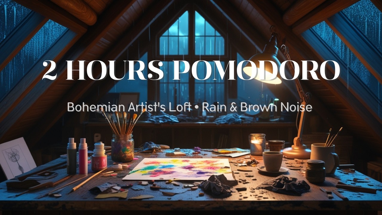 Attic Art Studio 🎨 2 Hour Pomodoro Timer (25/5) Rain on Skylight Ambience