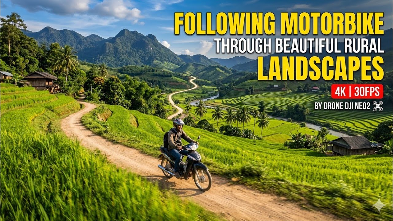 4K Aerial: Motorbike Rider Explores Beautiful Countryside