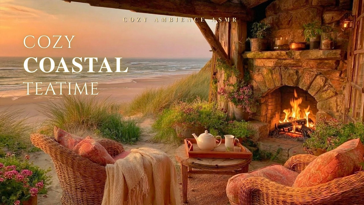 Cozy Coastal Teatime ☕ Fireplace Crackles and Gentle Sea Waves for Sleep and Calm