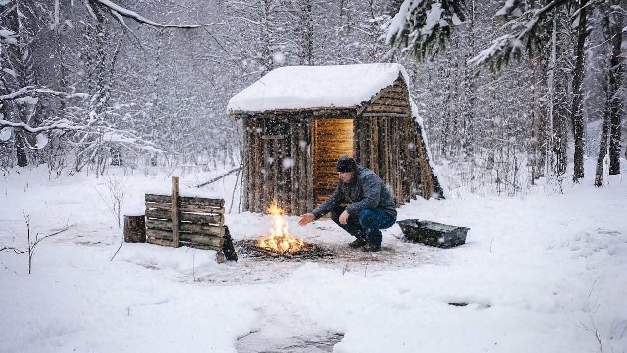 Winter Overnight in a Forest Log Cabin - Winter Camping ASMR